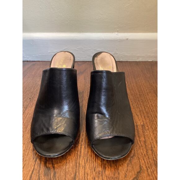 Kate Spade Black Leather Slide Mules w Geometric Glossy Stacked Heel 7.5 - Picture 2 of 7